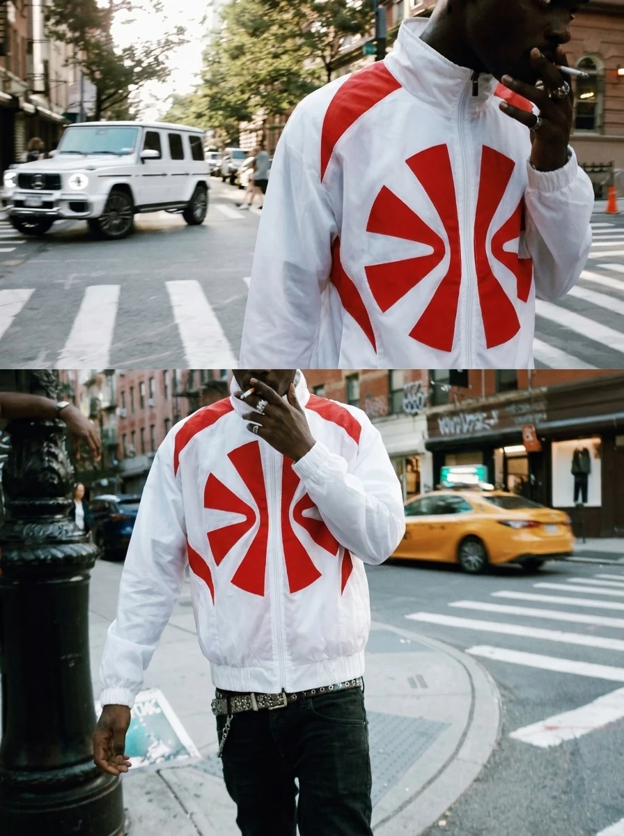 Red & White Trax Jacket, on model
